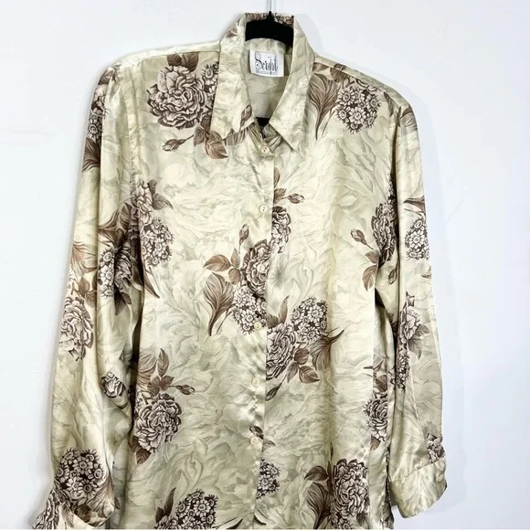Vintage tan brown floral satin long sleeve top blouse - Picture 5 of 12
